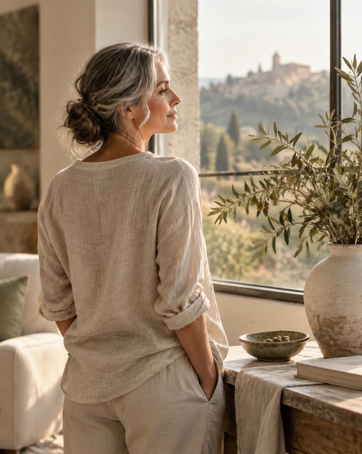 A woman in her forties standing calmly in warm morning light